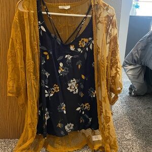 Maurices Navy Floral Cami with Mustard Lace Overlay